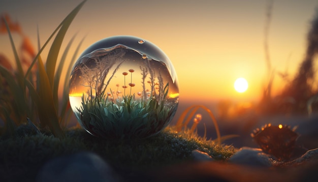 A glass ball with a sunset in the background