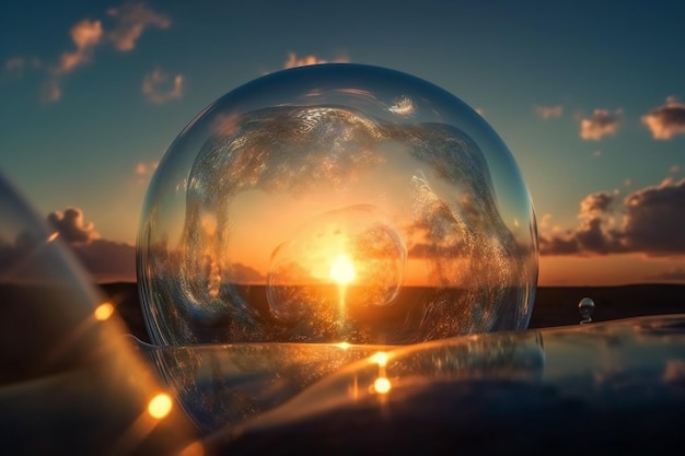 A glass ball with a sunset in the background
