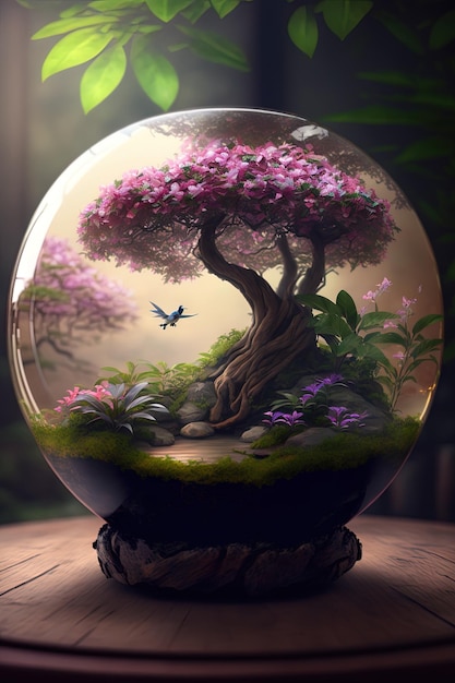 a glass ball with a tree and a butterfly on it