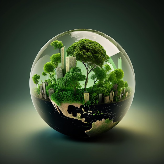 A glass ball with a tree inside and a city in the background.