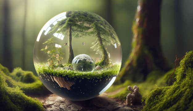 A glass ball with trees inside