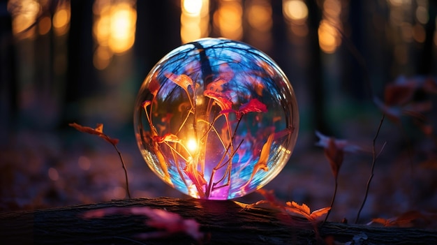 A glass ball with the word " fire " in the center of it.