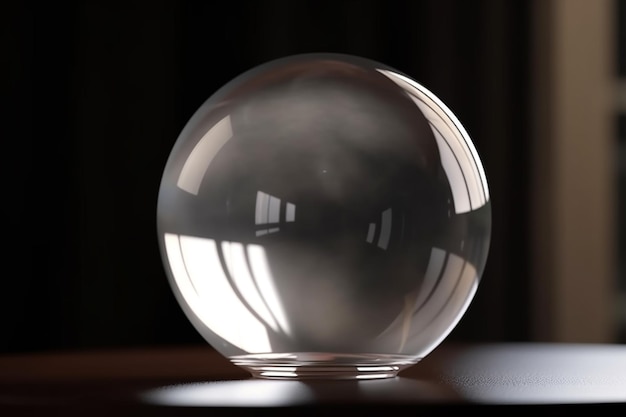 A glass ball with the word on it on it