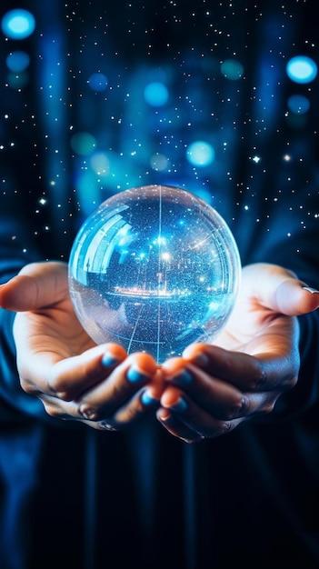 a glass ball with the word world in the hands