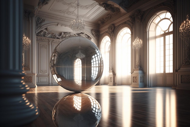 A glass ball on a wooden floor in a room with a large window and a chandelier.