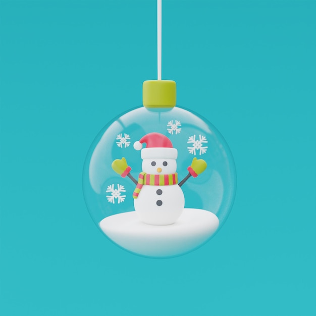 눈사람 메리 크리스마스와 새해 복 많이 받으세요 3d 렌더링으로 리본에 매달려 있는 유리 공