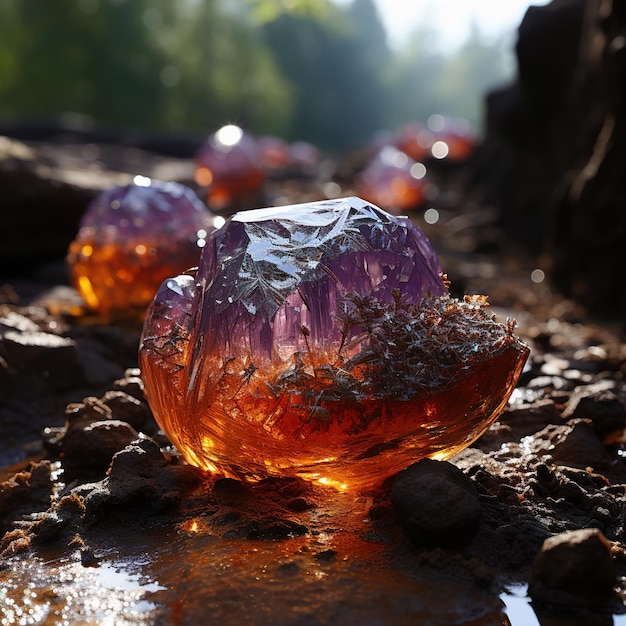 glass balls in a puddle of water