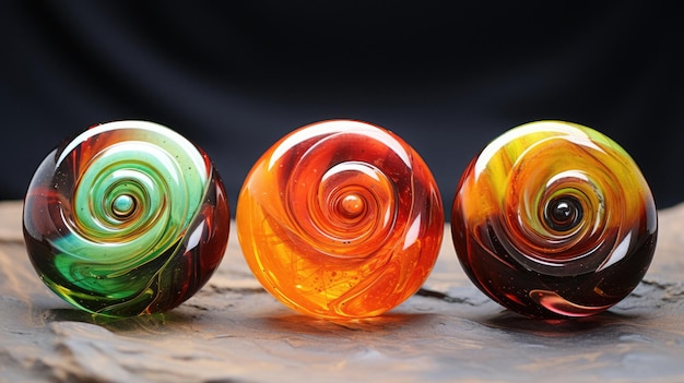 Glass balls in a row, with a black background.