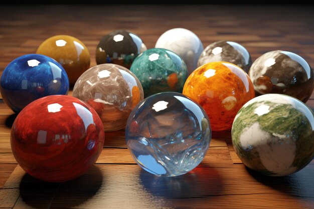 glass balls on a wooden table, with the words " glass " on the bottom.