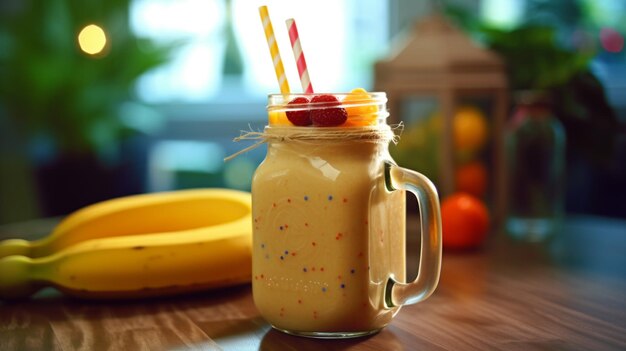 A glass of banana smoothie with a straw and a banana in the background