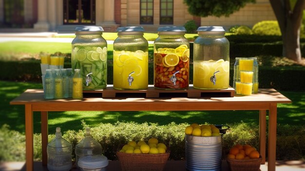 Photo glass bank of lemonade with sliced citrus fruits on a buffet table summer party outd generative ai