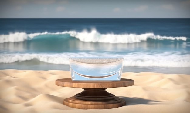 A glass on a beach with a wave in the background