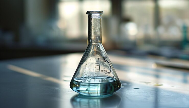 Photo a glass beaker with blue liquid inside