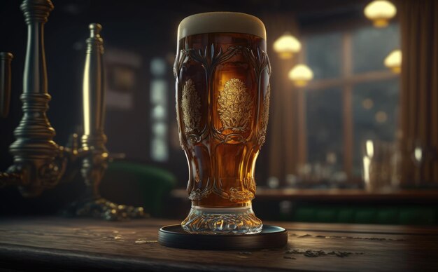 A glass of beer on a bar counter. Pub background. ai generated