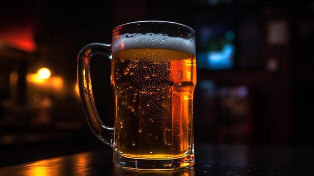 A glass of beer on a bar counter