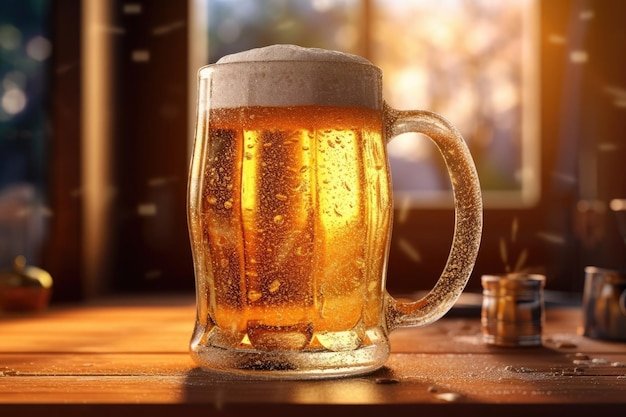 A glass of beer on a bar counter.