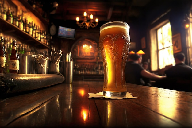 A glass of beer on the bar Delicious beer Bar in the background