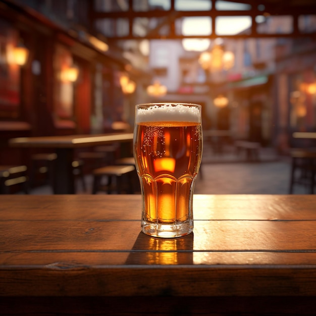 a glass of beer on the bar table of cafe