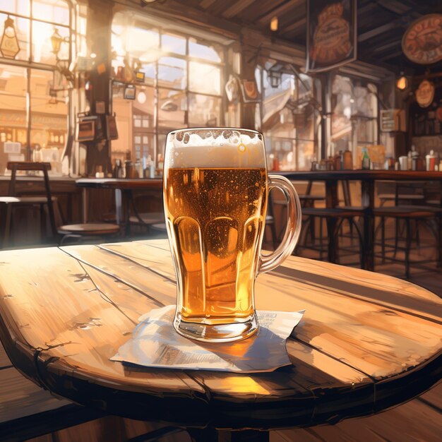 a glass of beer on the bar table of cafe