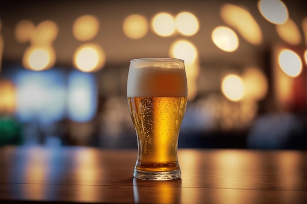 A glass of beer on a bar with lights in the background