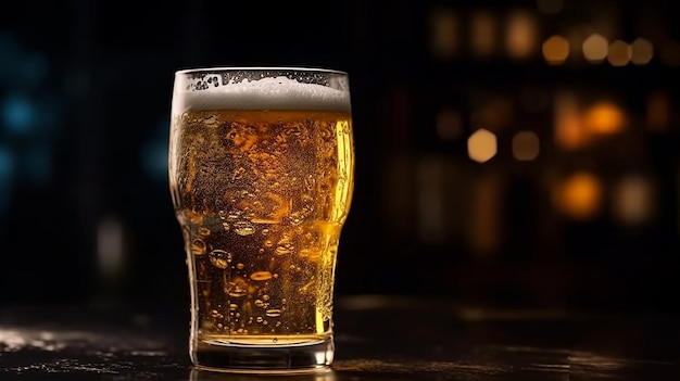 A glass of beer on a bar