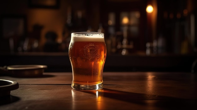 A glass of beer on a bar