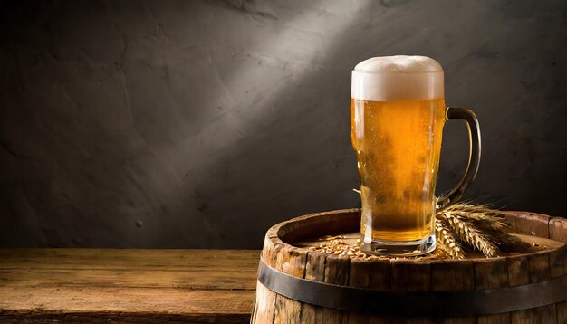 glass of beer on a barrel in a dark room