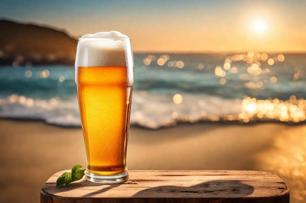 a glass of beer next to a beach and the ocean