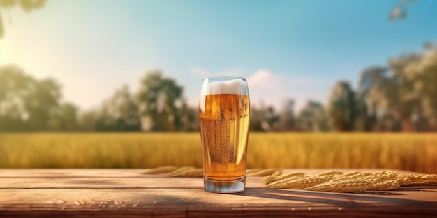 Glass of Beer on Blur Field Background International Beer Day Celebration Generative Ai