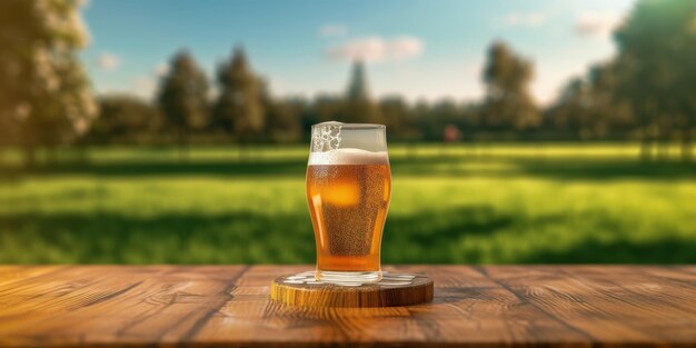 Photo glass of beer on blur field background international beer day celebration generative ai