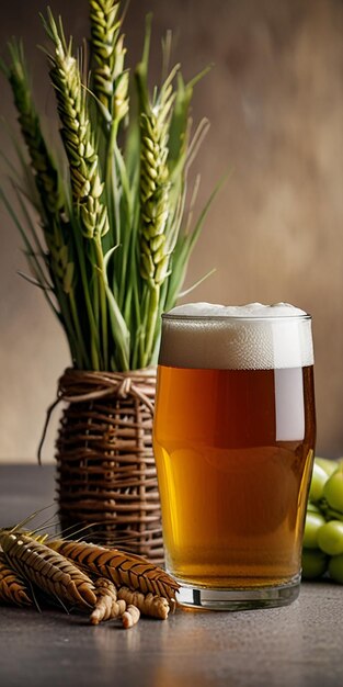 Foto un bicchiere di birra accanto a un mucchio di fagioli verdi