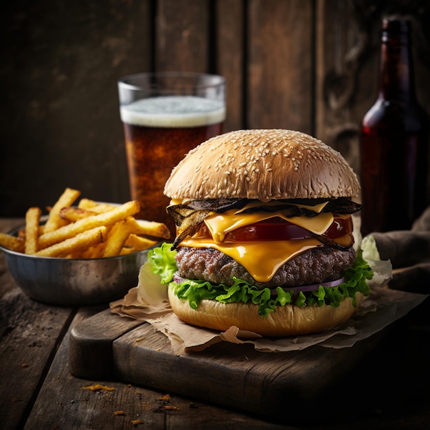 A glass of beer next to a burger with lettuce on it.