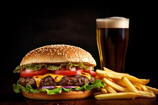 A glass of beer next to a burger with lettuce, tomato, and onion.