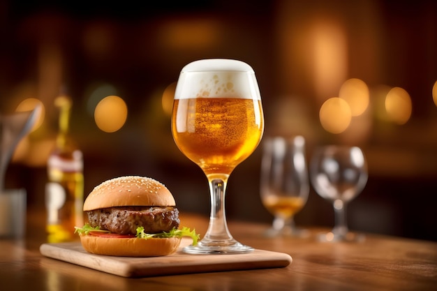 A glass of beer and a burger on a wooden board with beer in it