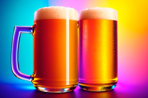 A glass of beer on a colorful background Closeup Generative AI