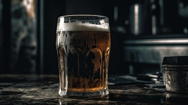 A glass of beer on a counter with the word beer on it