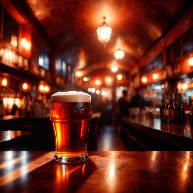 Photo glass of beer in a dimly light cozy atmospheric welcoming bar