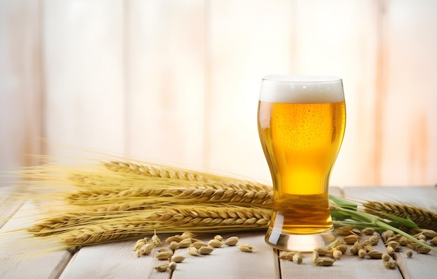 Photo glass of beer and ears of barley on white wooden table over white bokeh background