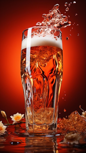 a glass of beer floating on a red background