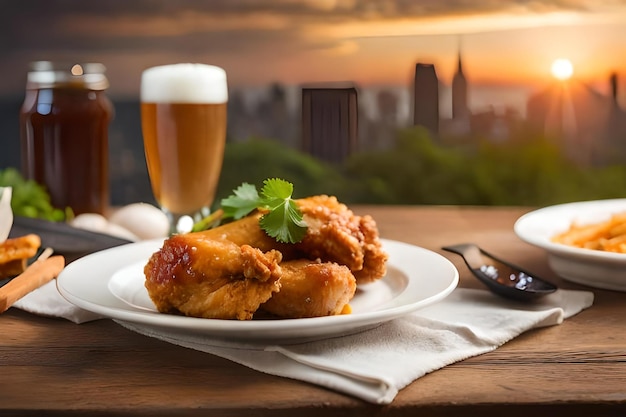 Photo a glass of beer and fried chicken on a table with a cup of beer and a cup of beer.