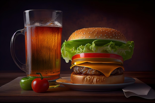 A glass of beer next to a hamburger and a glass of beer.