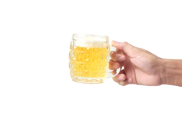 Glass of a beer in hand isolated