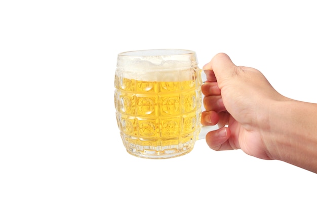 Glass of a beer in hand isolated