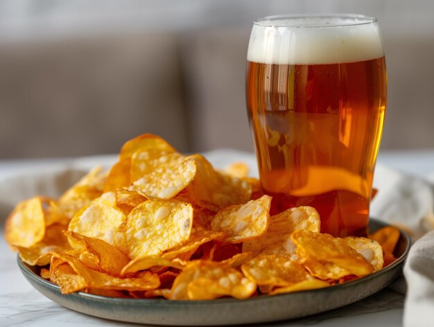 A glass of beer is next to a plate of chips