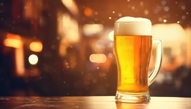 A glass of beer is sitting on a bar counter