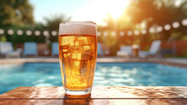 A glass of beer is on a table next to a pool