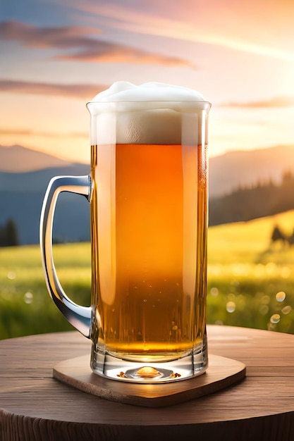 A glass of beer is on a table with a sunset in the background.