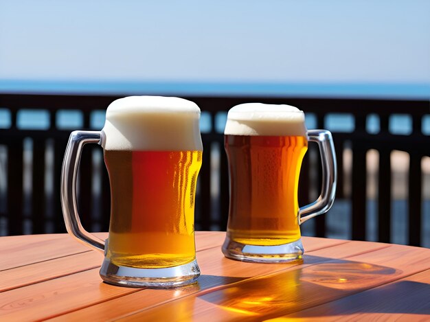 glass beer mug on table of beach bar restaurant