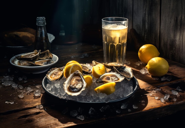 A glass of beer and oysters on a table with a bottle of beer.