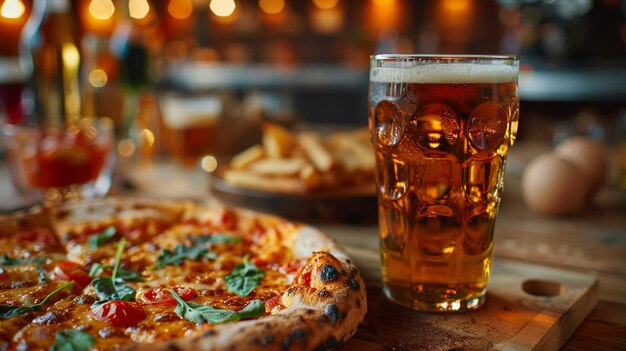 a glass of beer next to a pizza and a full glass of beer